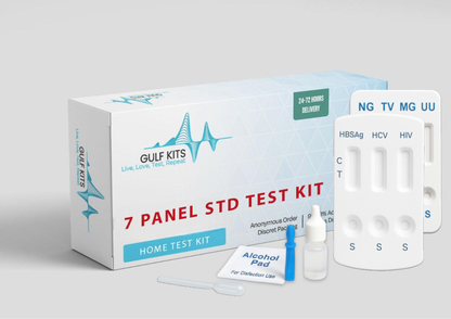 Home STD 7-panel test kit with swabs, dropper, and reagent vials