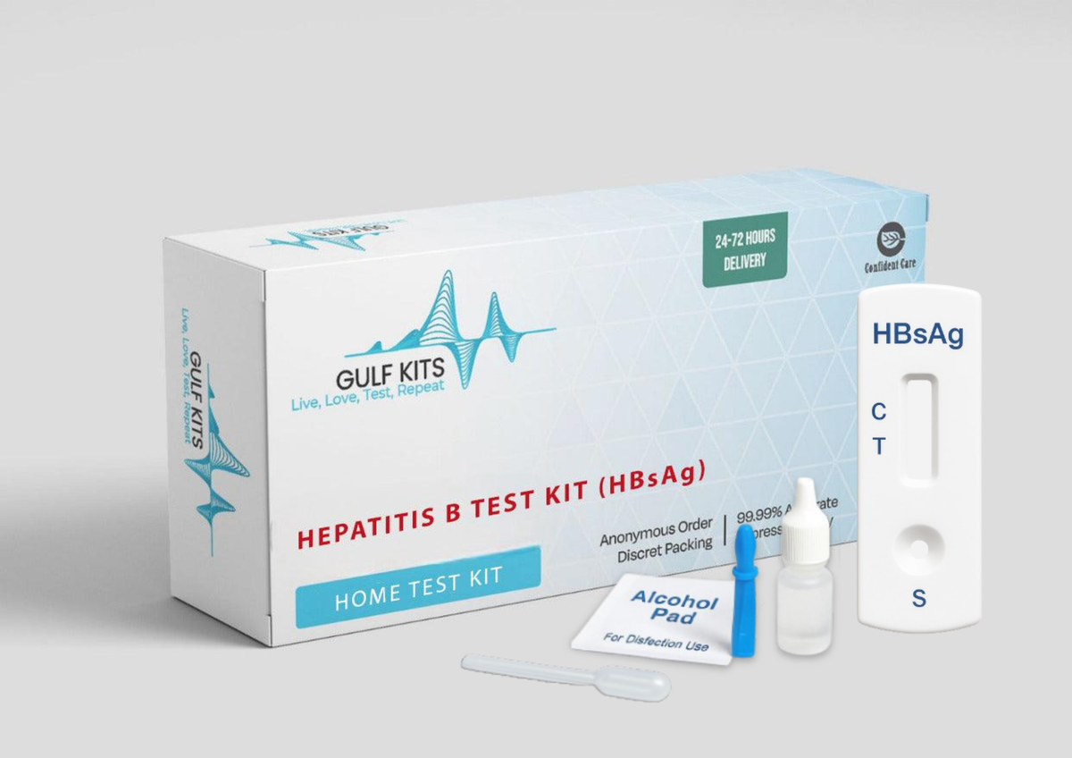 Hepatitis B rapid test kit with box, test cassette, dropper, and swab tools