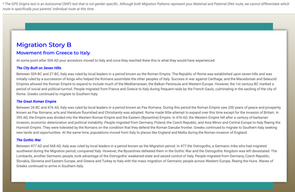 Ancestry DNA story report page titled “Migration Story B” with region text
