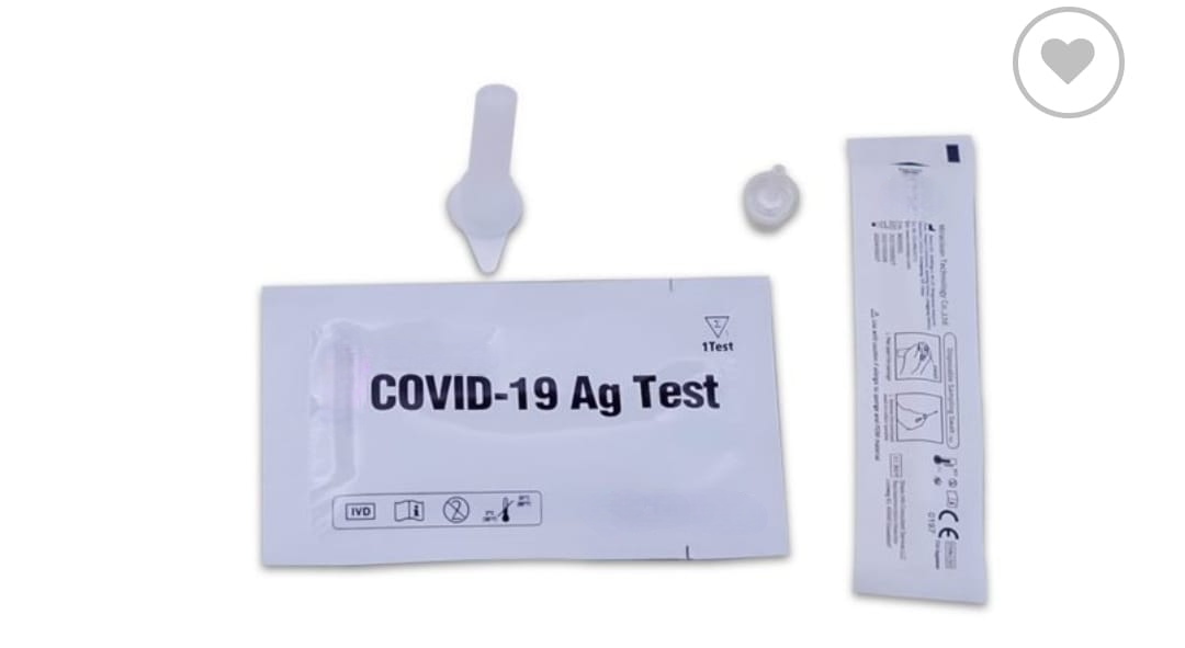 COVID-19 Ag test kit components: swab, test card, and buffer tube