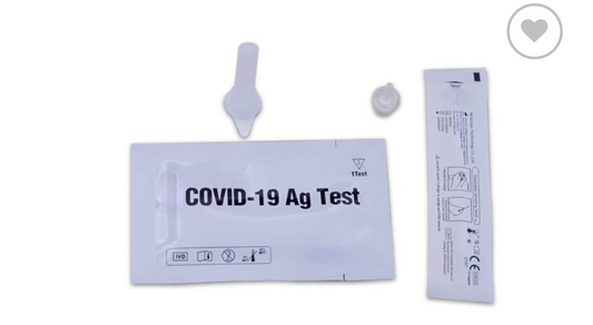 COVID-19 Ag test kit components: swab, test card, and buffer tube