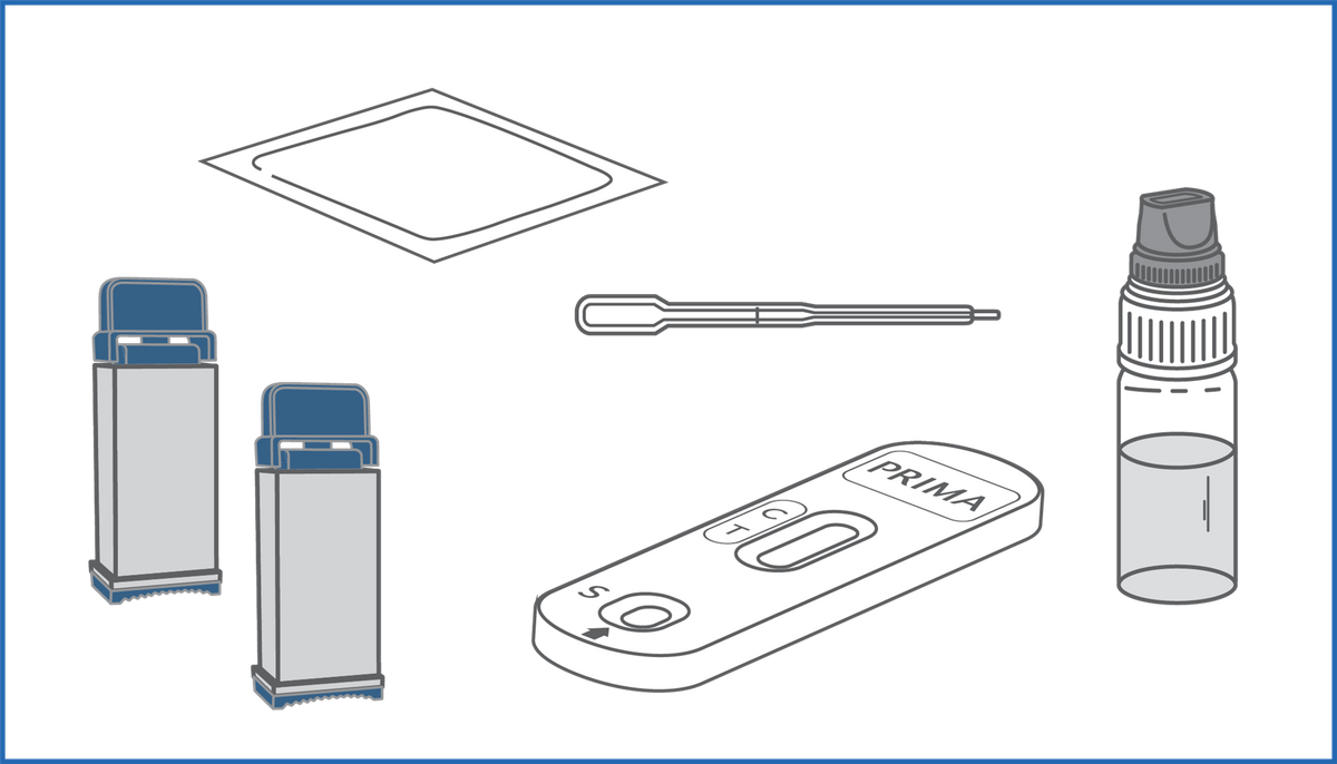 HIV 1/2 home self-test kit components with test device, bottles, and lancets